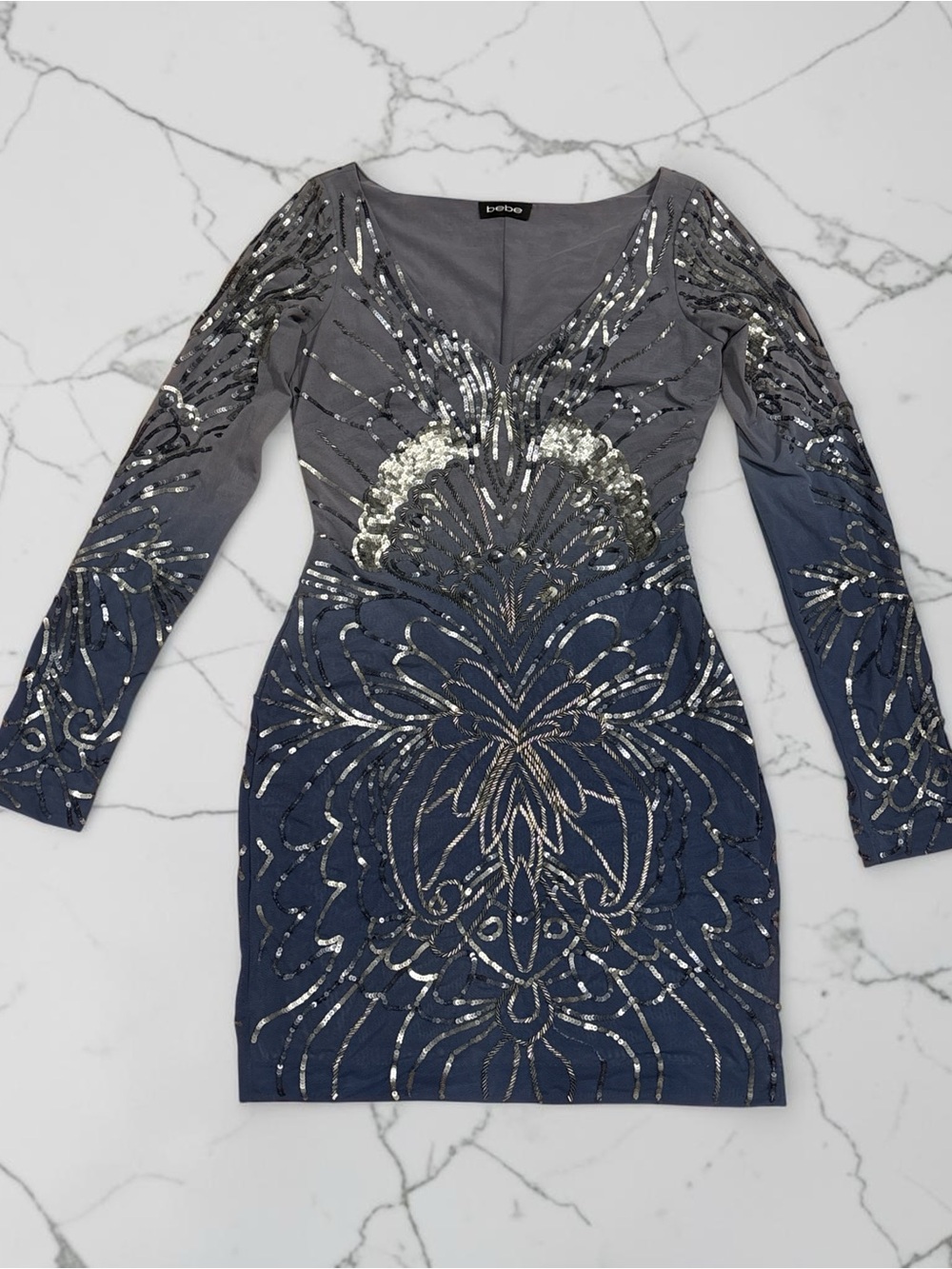 bebe Gray and Navy Gradient Sequin Long-Sleeve Bodycon Mini Dress SZ. S
